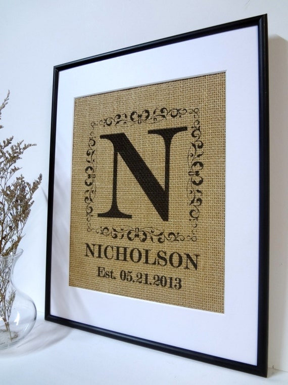 Personalized Burlap Monogram Family Name Established date print or sign