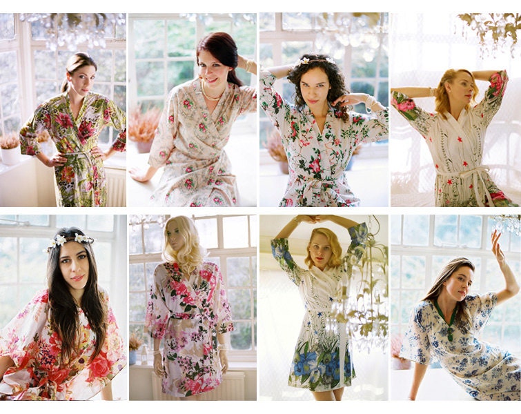 5 Custom Bridesmaid kimono robes. Set of 5. Bridesmaids gift robes, bridal party robes and bridal dressing gowns.