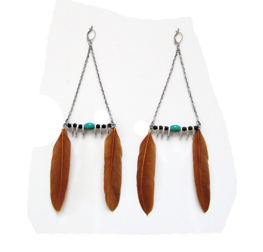 Hazel feathers , turquoise stone long tribal earrings
