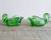 vintage swan salt cellar set - green glass - kitsch mid century glass
