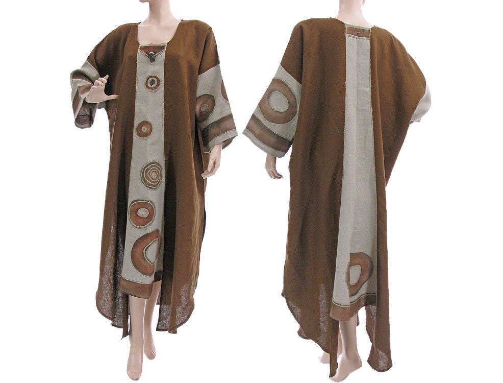 Long linen dress, maxi dress / lagenlook for plus sized women, very large, roomy / brown, nature, handpainted / summer dress