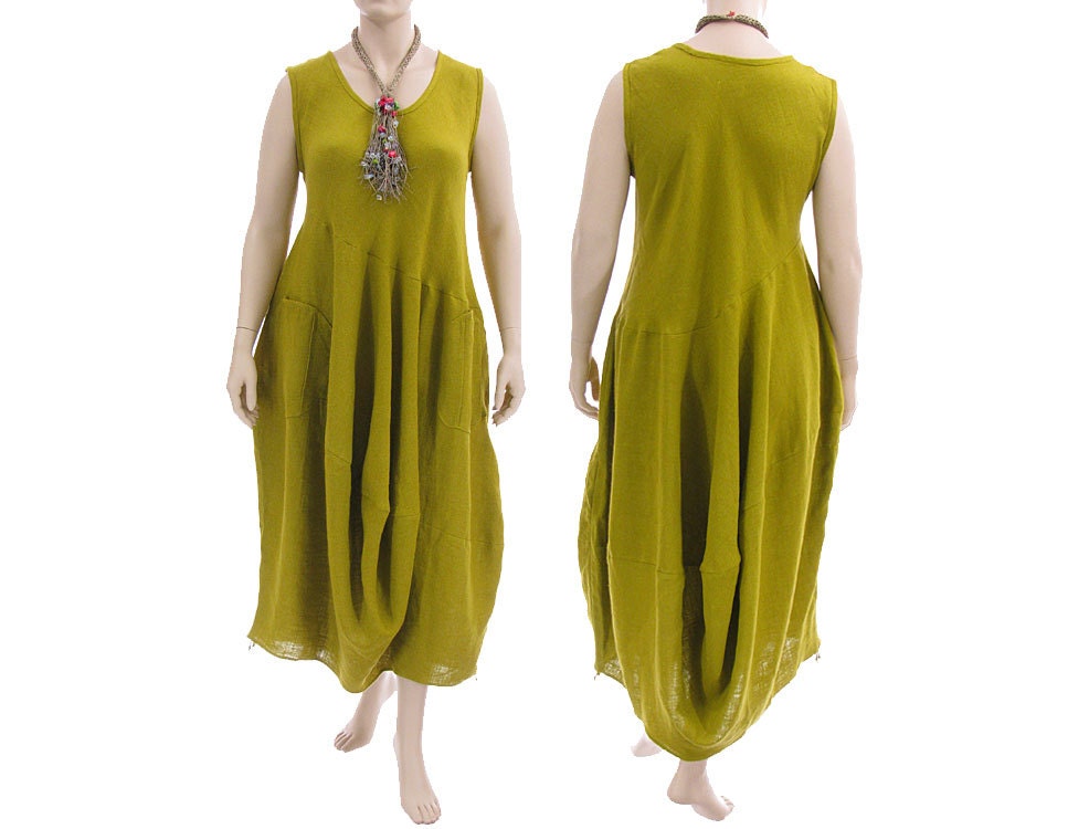 Artsy boho linen dress, balloony shape in mustard / maxi dress - lagenlook for plus size women, extra large / with two patch pockets