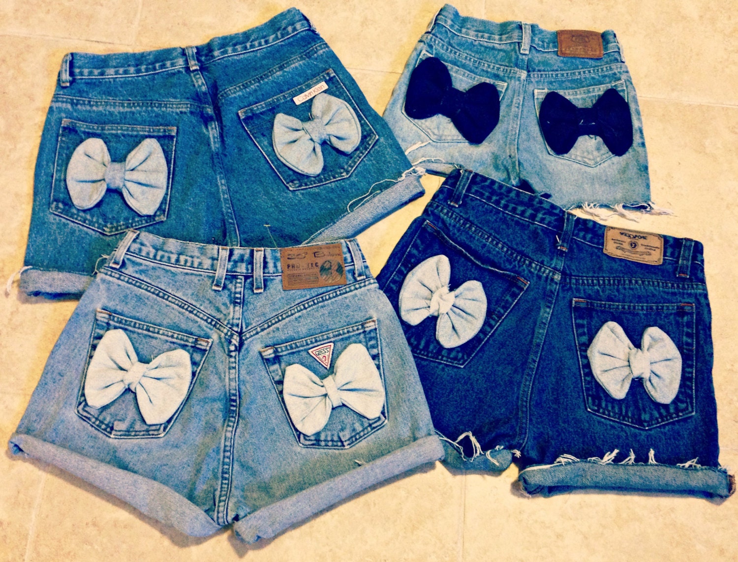High Waisted Denim Shorts Bow Shorts Custom Made Denim Jean Shorts Tumblr Hipster