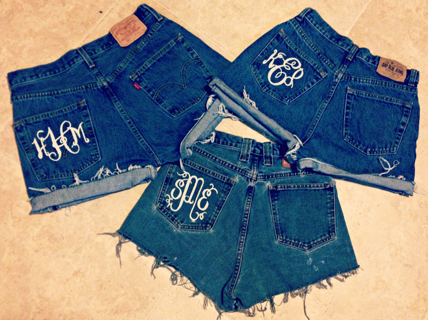 Monogrammed High Waisted Denim Shorts Custom Made Preppy Initial Shorts Sorority Tumblr Hipster
