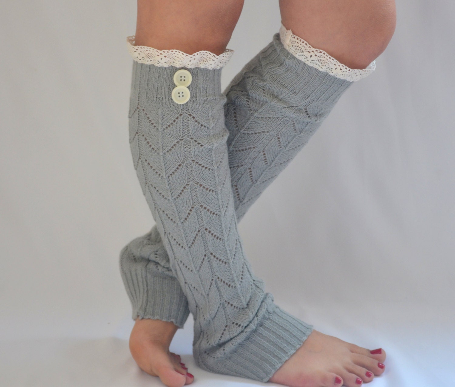 leg warmers - machine knit grey leg warmers with cotton lace and buttons boot socks boot cuffs valentines day gifts birthday gifts