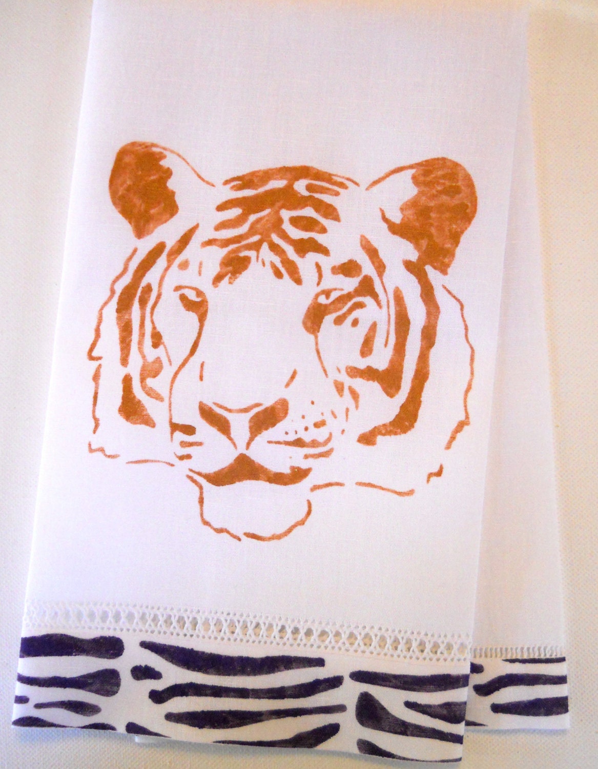 Clemson Auburn Tigers Orange Purple Blue Stripes Sports Fans Mascot Home Decor Hand Stenciled Linen Guest Towel Fun Gift