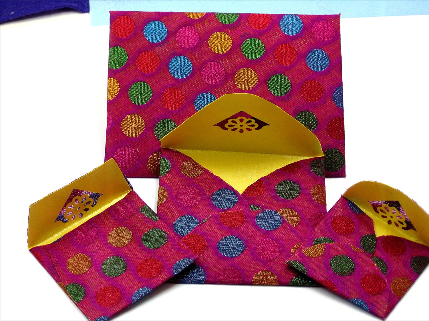 4 SPECIAL Purple/Fusia Sari Silk Fabric Envelope Set, UNIQUE Hand Crafted Indian Sari Fabric Envelopes, Lined With Yellow Shimmer Cardstock