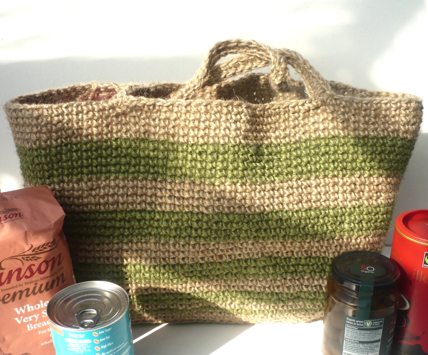 Strong Shopping Bag. Large Crocheted Jute Tote: natural colour with green stripes. UK seller