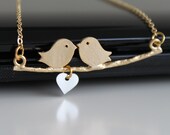 925 sterling silver heart necklace, birds in love necklace, matte gold brunch necklace, simple gold necklace, everyday jewelry