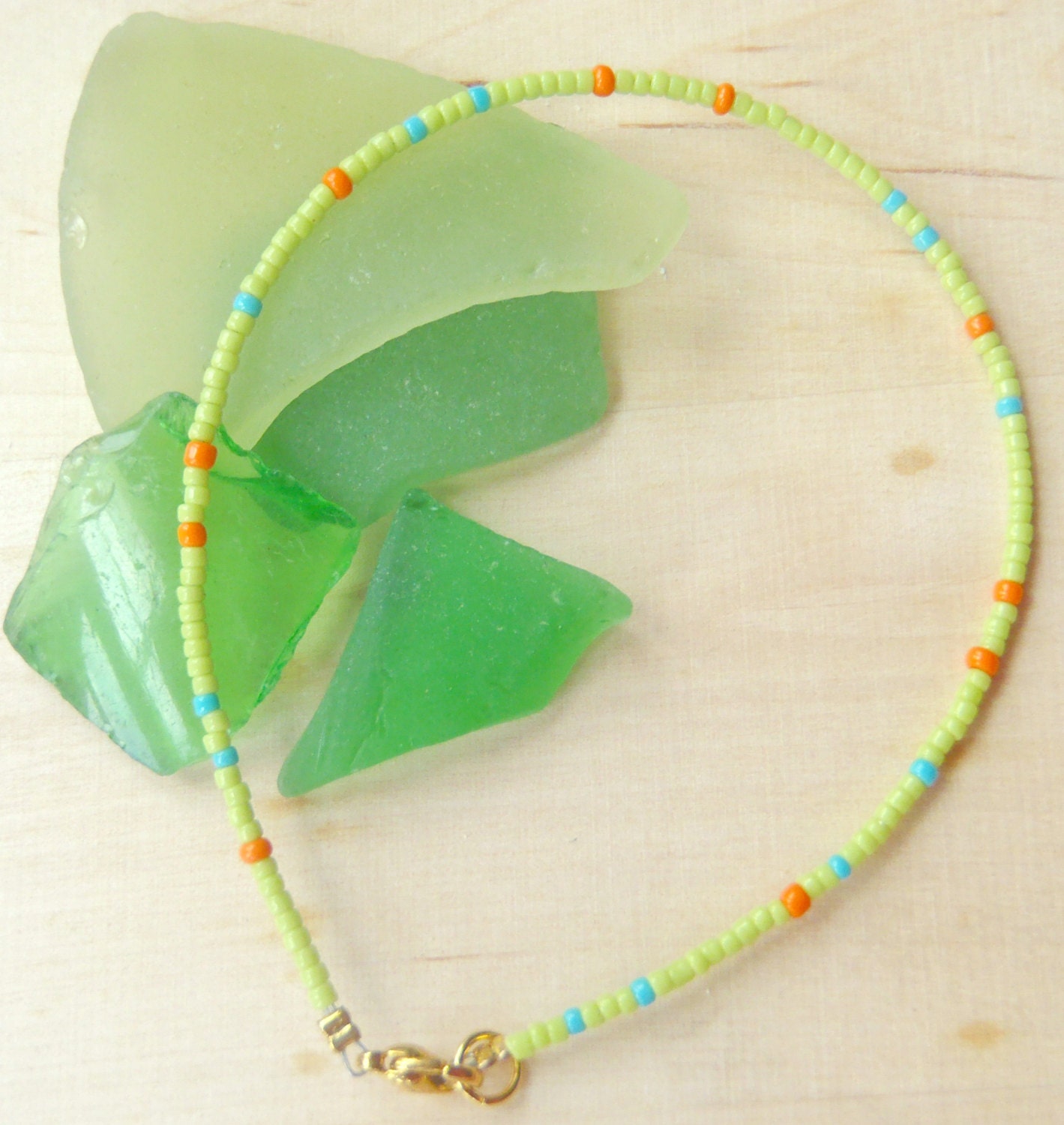 anklet in bright colours of lime green, orange and turquoise for everyday or at the beach