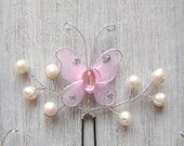 Freshwater Pearls and Butterfly Wedding Hair Accessories, Bridal Hair pins, Bridal Hair, White Pink Hair Pins, Set of Three (3)