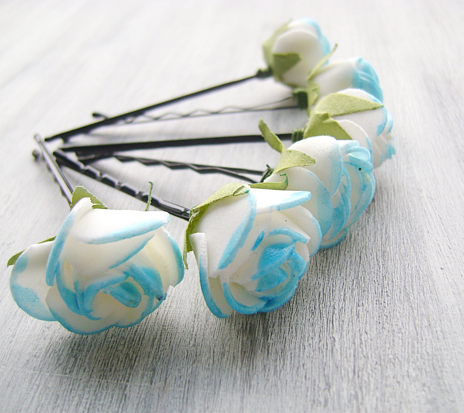 White Blue Flowers Bobby Pins, Roses Bridal Hair Pins, Woodland, Bridal Hair Clip, Flower Clips, Wedding Hair Accessory, set of 6