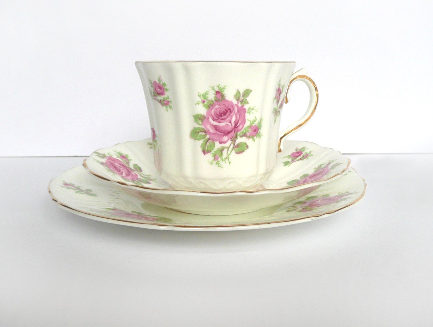 Vintage tea set  - English bone china - pink rose tea cup, saucer and plate
