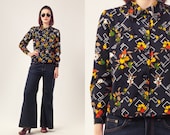 70s Navy Printed Shirt / Floral Cropped Shirt / Retro Dark Blue Shirt