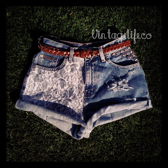 Vintage High Waist Denim LACE Shorts distressed with Studs ALL Sizes Avail