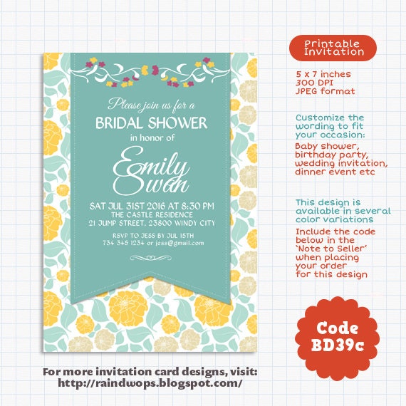 Printable Bridal Shower Invitation Card : Vintage Floral Pattern