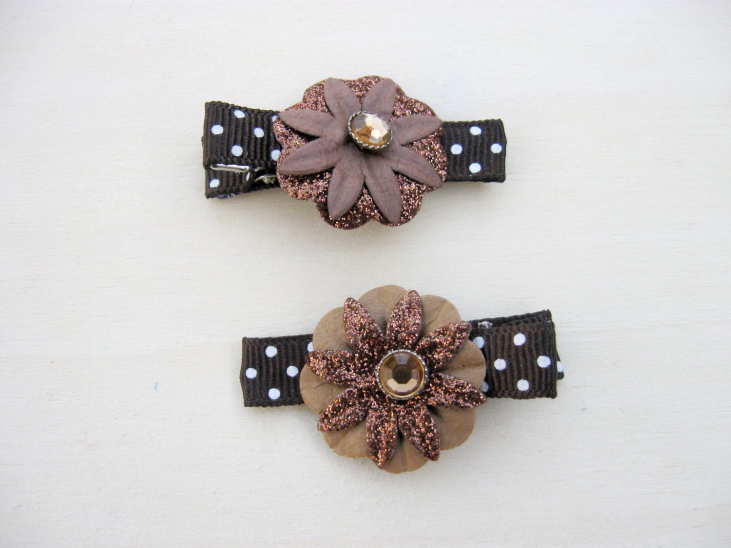 Chocolate Brown Flower Hair Clippie with glitter, Mini Hair Clip
