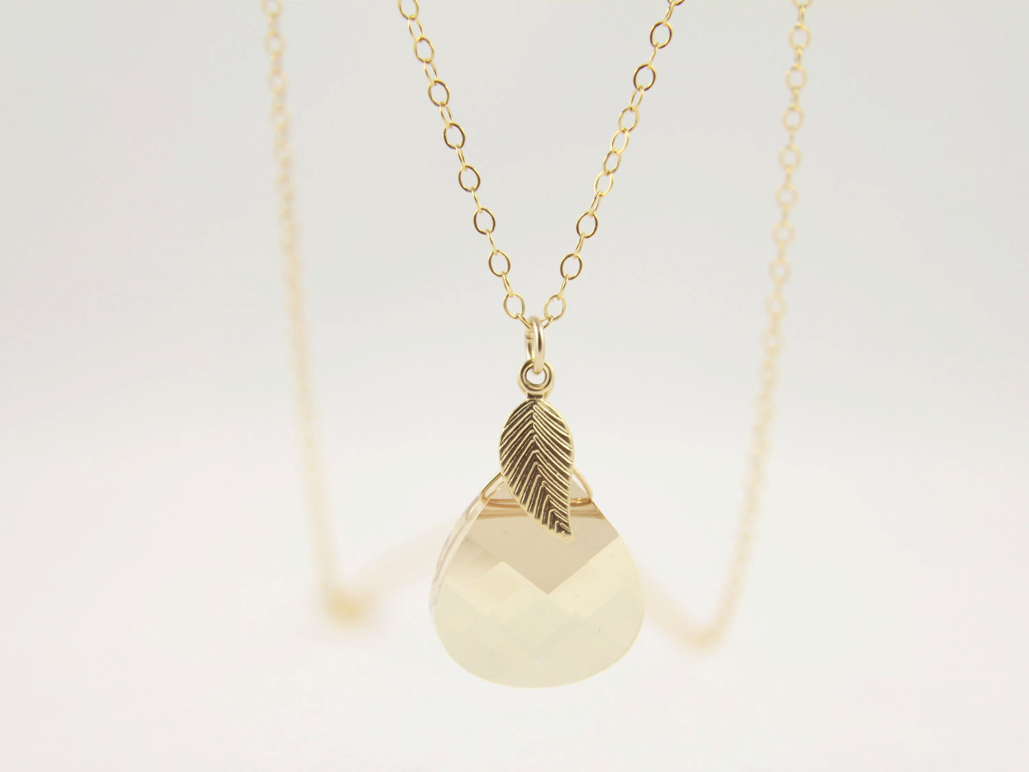 Golden Shadow Necklace with Leaf, Swarovski Crystal, 14K Gold Filled, Bridesmaid Gift, Bridal Jewelry
