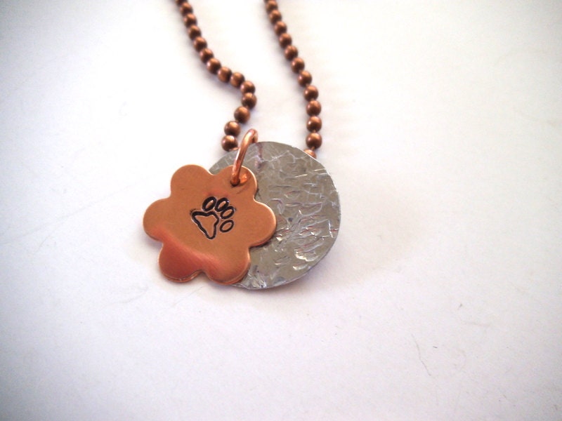Animal Lover Metal Stamped Copper & Silver Necklace with Paw Print, Personalized Jewelry, Mother's Day