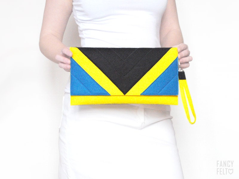 Geometric yellow blue black felt clutch bag