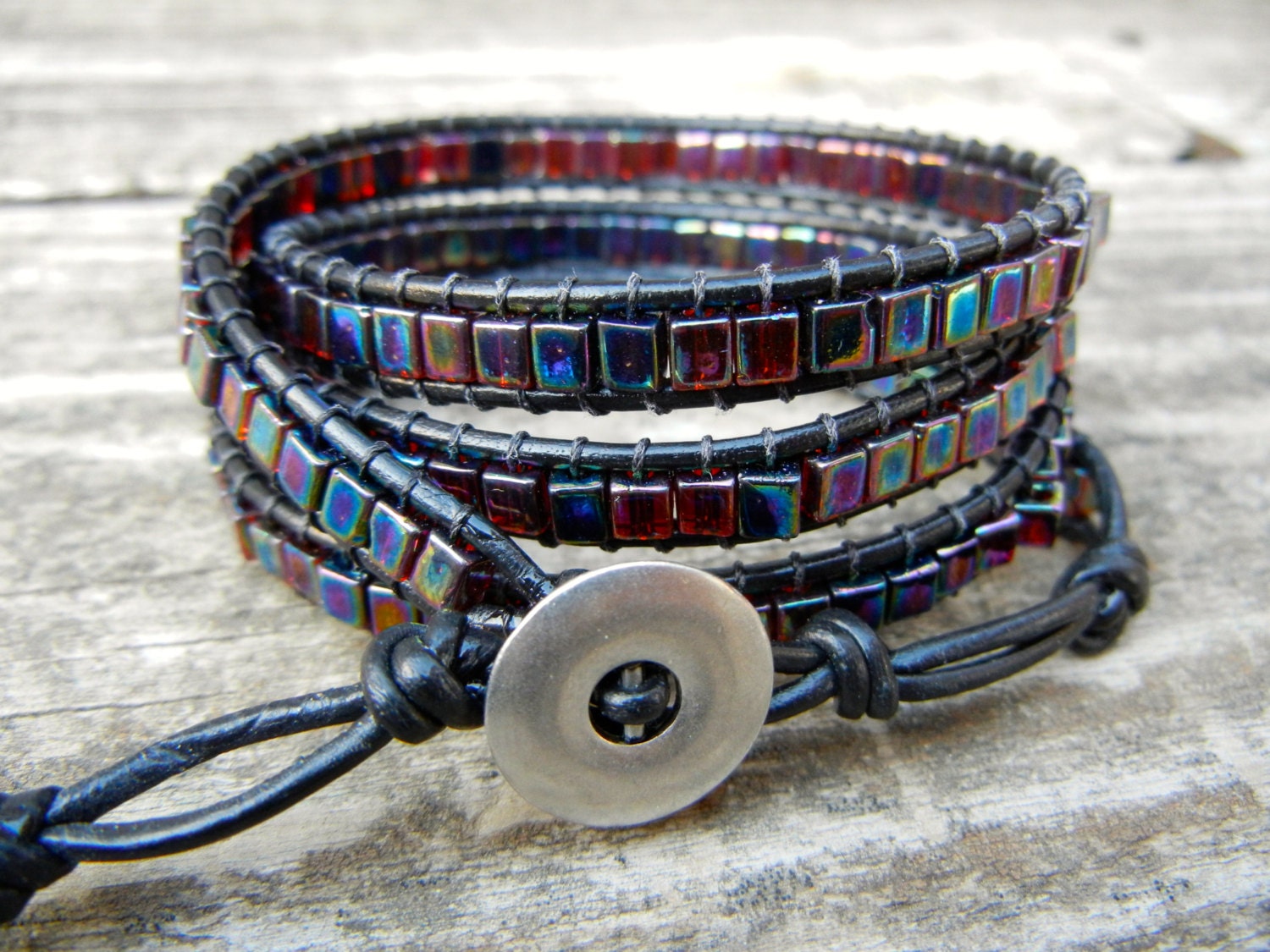 Beaded Leather Wrap Bracelet 4 Wrap with Iridescent Amber Rainbow Cube Beads on Black Leather