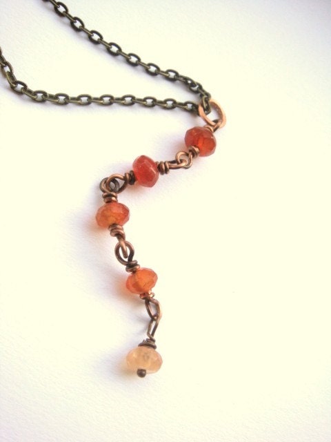 Rustic Nectarine Orange Rosary Chain Pendant Necklace Beaded Links Agate Gemstone Beads