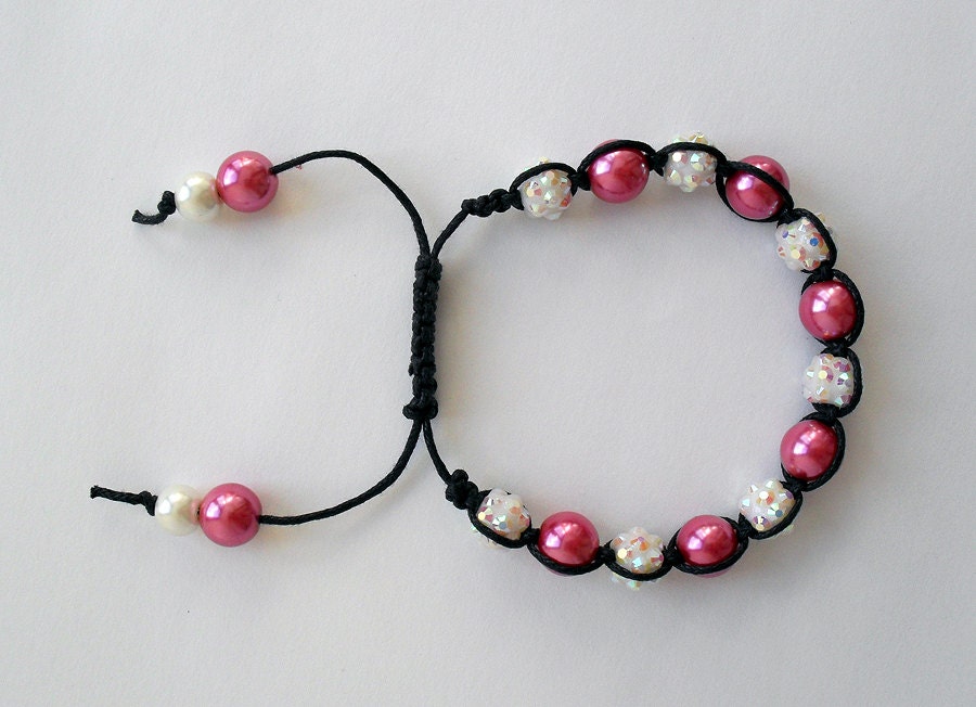 Adjustable Macramé Bracelet With Pink Glass Pearls and White Resin Rhinestone Beads on Waxed Cotton Cord