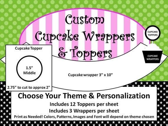 Custom Cupcake Wrappers & Toppers - Customized with colors and theme of your choice - Personalized - Custom DIY Printable Party Decorations Il_570xn