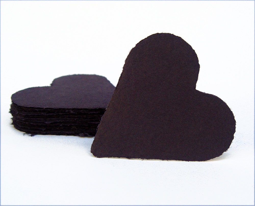 Black hearts, handmade paper, recycled, deckle edge, set of 10