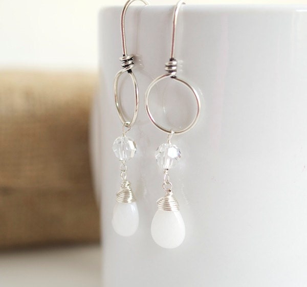 White Dangle Earrings, White Drop Earrings with Swarovski Crystals, Modern Earrings, Long Earrings