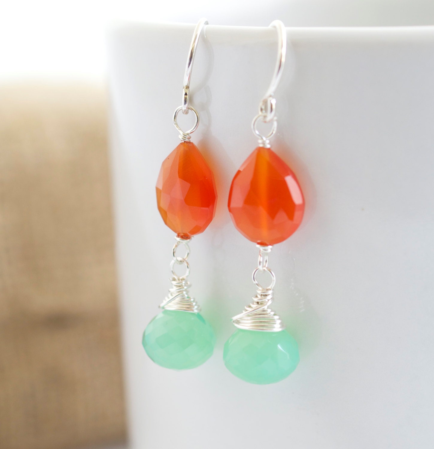 Chrysoprase Dangle Earrings, Chrysoprase and Carnelian Earrings, Orange And Green Earrings, Silver Earrings, Mother's Day Gift