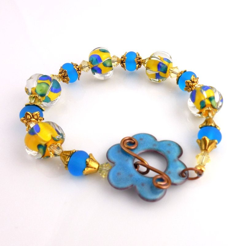 Blue and Yellow Lampwork Bracelet, Beaded Bracelet, Beadwork Bracelet, Beaded Jewelry, Women's Jewelry, Gifts for Her