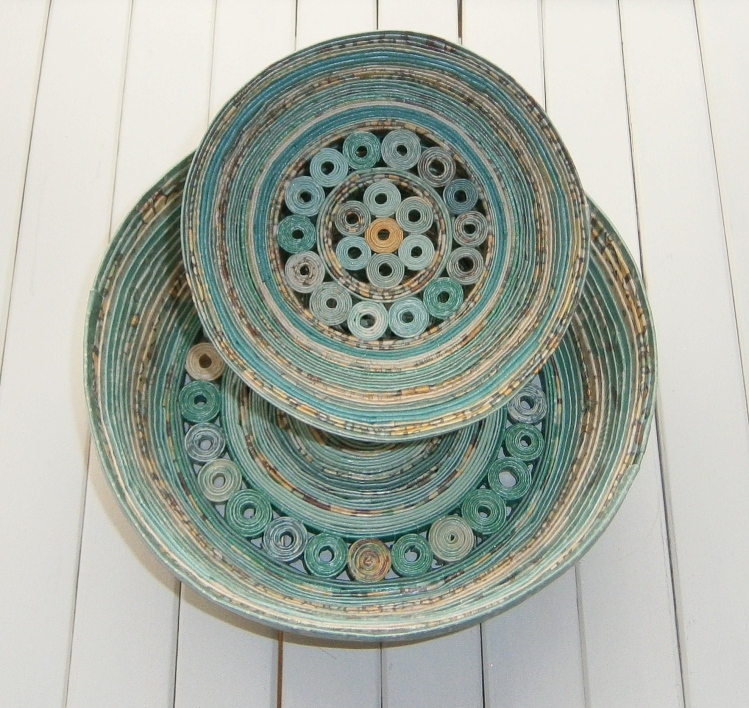 Coiled Paper Basket / Bowl, Handmade - Shades of Aqua and Teal Recycled Paper, 5" Diameter