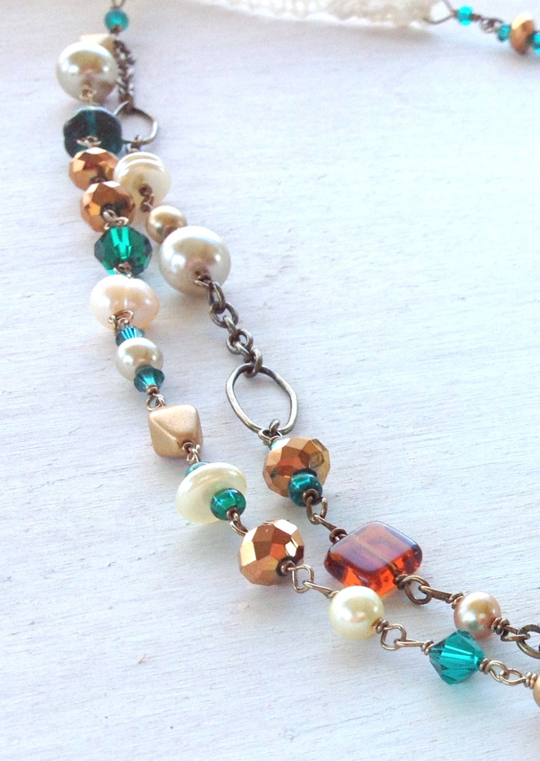 Mara: 1920s Inspired Princess Length Ivory and Bronze Pearl Necklace with Teal Swarovski Crystals