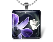 Purple Flower with Fairy Image Glass Pendant