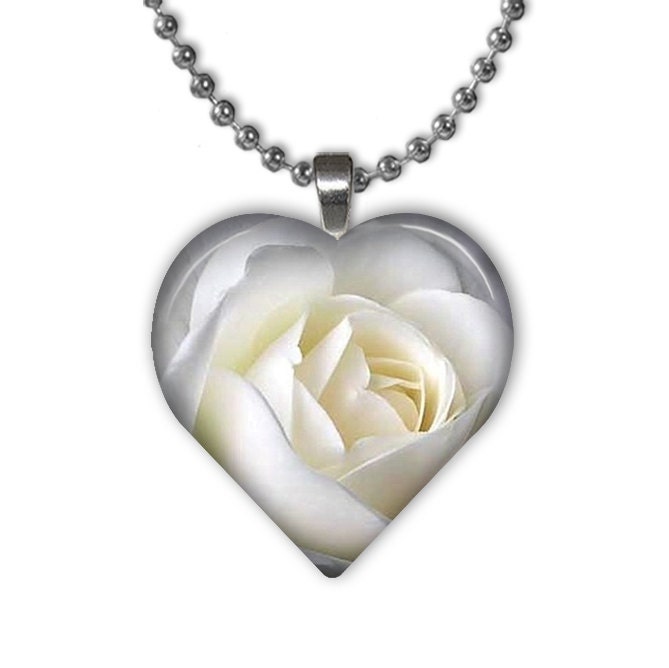 White Rose Heart Shape Glass Pendant