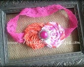 Orange and Hot Pink Fabric Flower Lace Headband - girl, toddler, babies, photography, photo, prop, newborn, hair, bows, accessories, baby