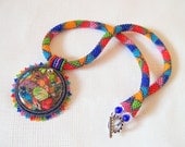 Beadwork Bead Embroidery Pendant Necklace with Rainbow Sea Jasper and Pyrite - SUMMER FUN - Summer collection - lutita