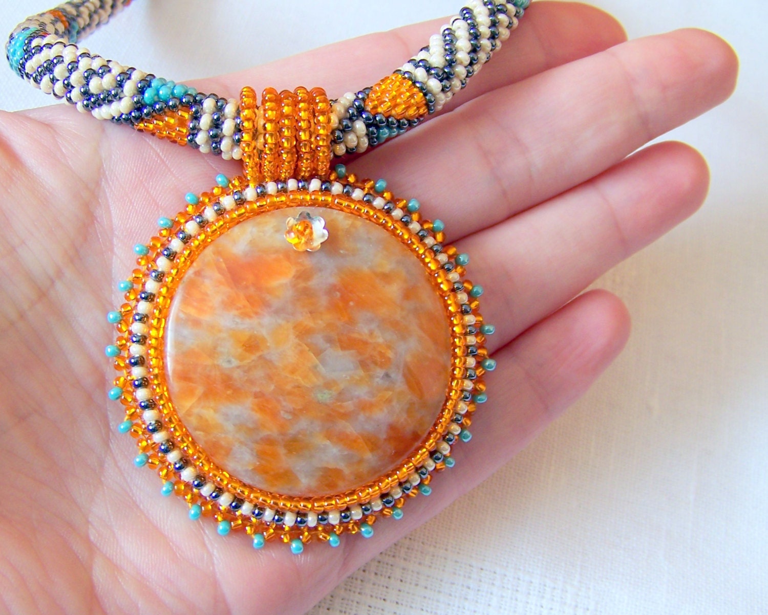 Beadwork Bead Embroidery Pendant Necklace with Orange Calcite - ORANGE DREAM - grey - beige - lutita
