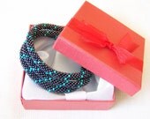 SALE - Beadwork - 3 Strand Bead Crochet Rope Bracelet in hematite and turquoise - beaded bracelet - beaded jewelry