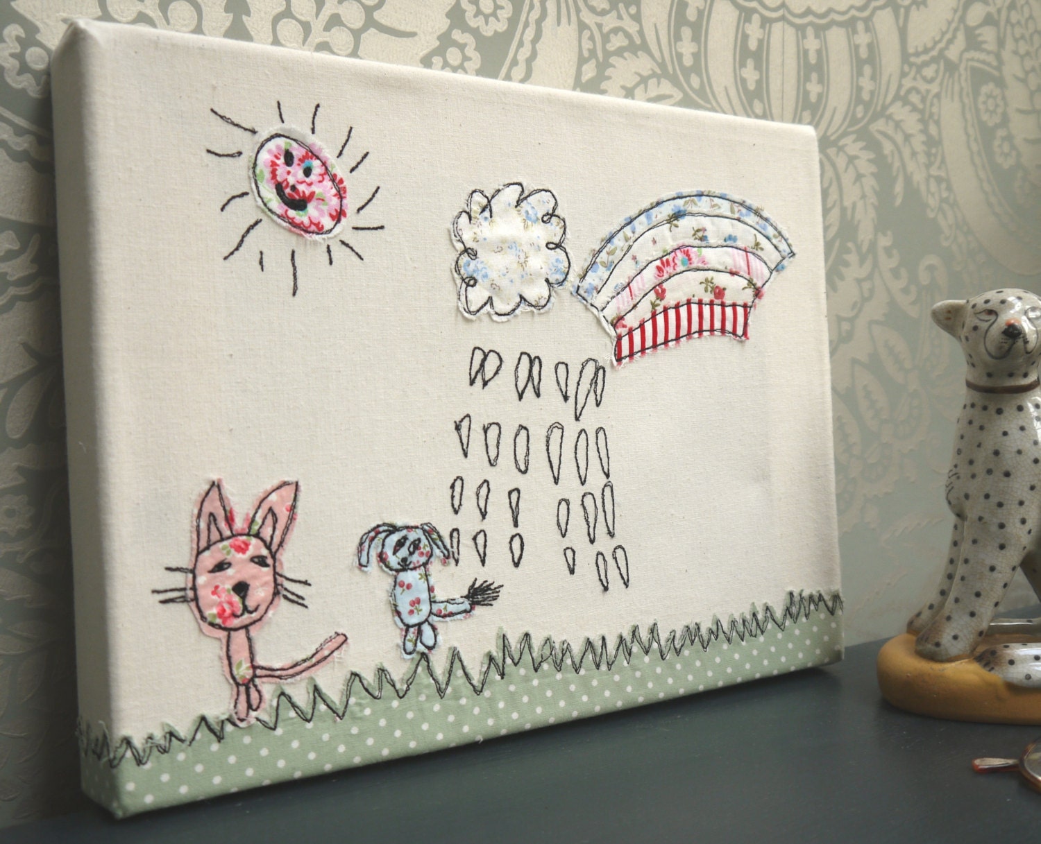 Your own child's drawing sewn onto a stretched calico frame using freehand machine embroidery and appliquÃ© - ditsydoodles