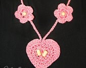 Unique Crochet Heart and Flower Necklace with delicate wooden beads (flower width 1.5", coral shown), Stylish Accessory for Women
