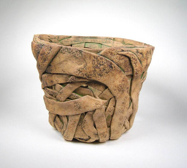 Ceramic Orchid Pot, Tan Stoneware Planter or Decorative Cachepot with a Hint Of Green