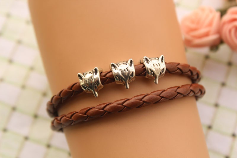 fox bracelet,retro silver fox head bead bracelet,brown leather bracelet---B242