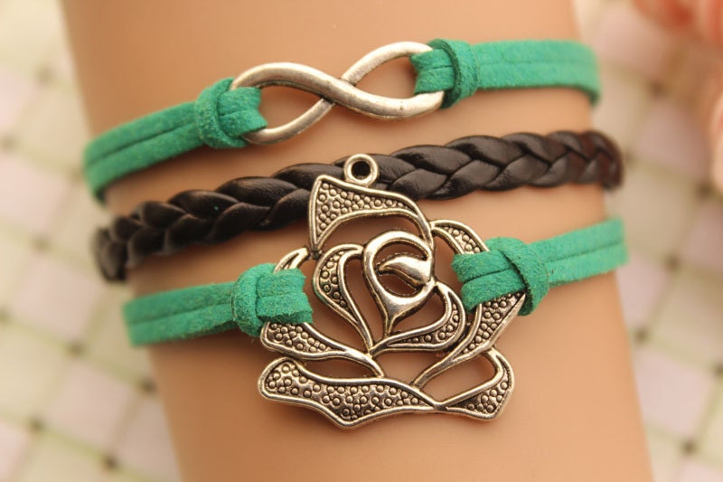 infinity bracelet,retro silver rose bracelet,black braid leather bracelet,green rope---B253