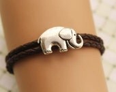 elephant bracelet,retro silver lovely elephant pendant bracelet,brown true leather bracelet---B290