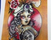 LIMITED EDITION "O Fortuna" signed print of Victorian inspired painting of fortune teller and crystal ball/ snow globe