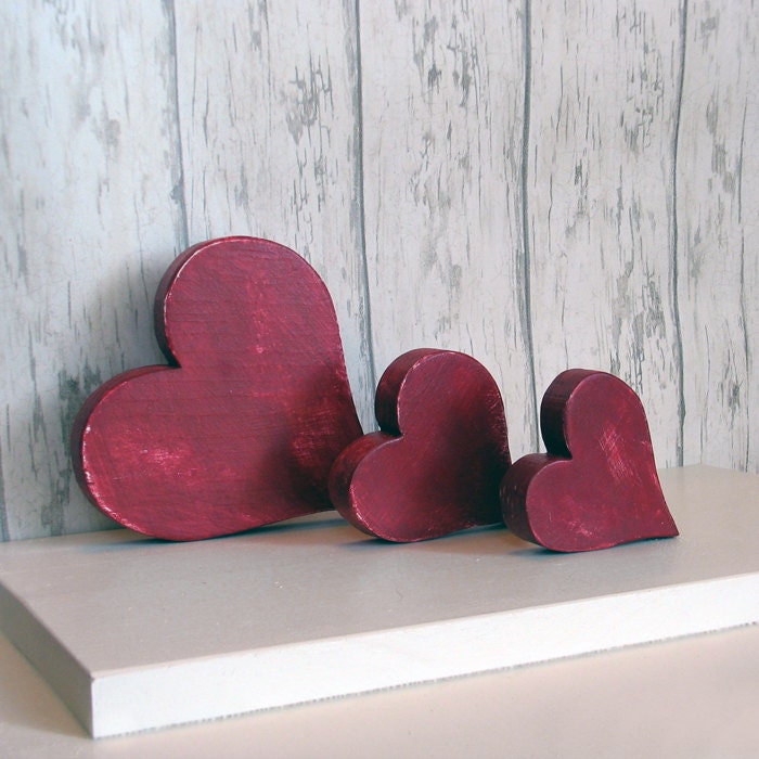 3 Wooden Distressed Chunky Hearts - Rustic Country Hearts