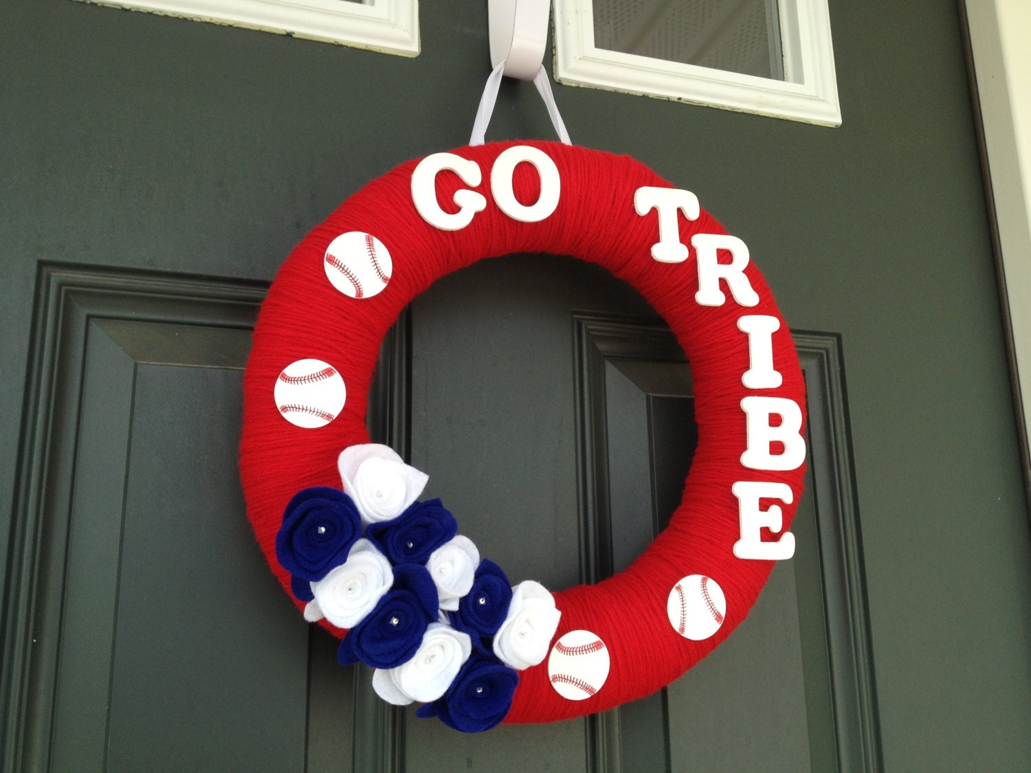 Cleveland Indians Baseball Yarn Wreath, 14 inches, felt flowers