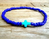 Tiny turquoise cross bracelet with blue beads